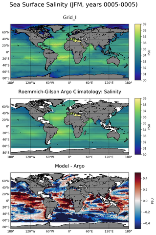 JFM Model Salinity compared with Argo observations