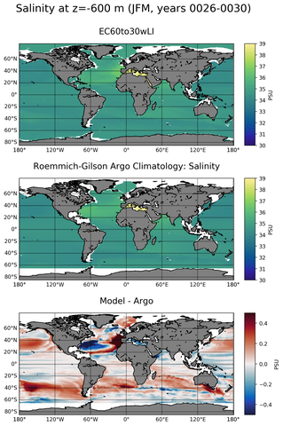 JFM Model Salinity compared with Argo observations