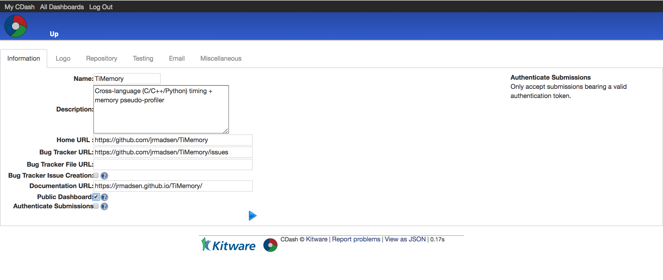 screen shot of information tab